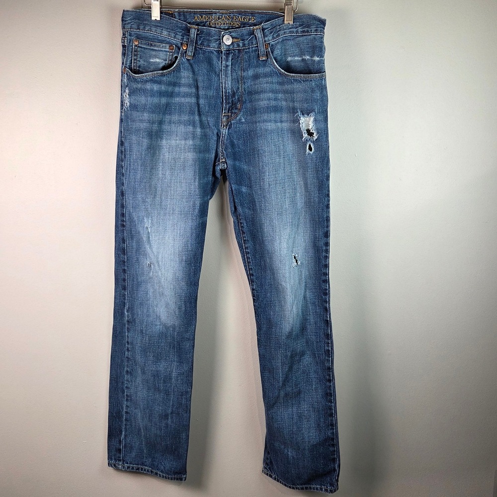 American Eagle Original Straight Jeans Mens 31x32 Blue Good Distressed Denim